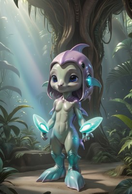 1girl,solo,breasts,looking at viewer,smile,blue eyes,navel,standing,full body,small breasts,outdoors,tree,colored skin,sunlight,grass,plant,monster girl,nature,forest,light rays,tentacle hair,blue skin,furry female,alien,weapon,leaf,helmet,child,furry,fins,zora