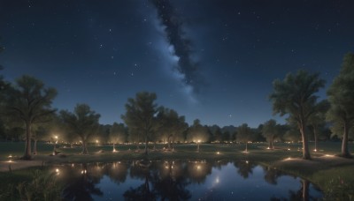 outdoors,sky,cloud,water,tree,no humans,night,grass,star (sky),nature,night sky,scenery,starry sky,reflection,dark,lamppost,river,lake,flower,plant,road,bridge,path,reflective water,milky way