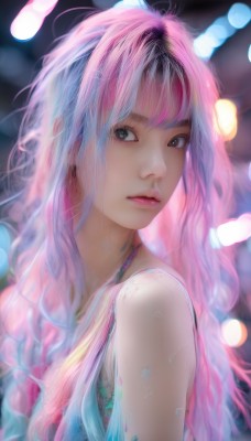 1girl,solo,long hair,looking at viewer,bangs,bare shoulders,brown eyes,closed mouth,underwear,upper body,pink hair,multicolored hair,bra,blurry,black eyes,from side,two-tone hair,lips,looking to the side,makeup,depth of field,realistic,nose,jewelry,earrings,sleeveless,artist name,blunt bangs,necklace,eyelashes,gradient hair,watermark,wavy hair,expressionless,pink lips,bokeh