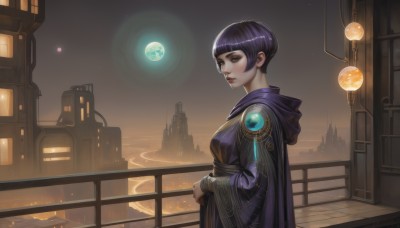 1girl,solo,breasts,looking at viewer,short hair,bangs,black hair,long sleeves,dress,brown eyes,jewelry,medium breasts,closed mouth,standing,purple hair,outdoors,sky,hood,blunt bangs,water,cape,bracelet,from side,lips,eyelashes,makeup,night,expressionless,moon,bob cut,hood down,lipstick,building,star (sky),scenery,cloak,full moon,science fiction,robe,city,nose,railing,eyeliner,planet,upper body,parted lips,artist name,wide sleeves,looking to the side,glowing,gem,night sky,fantasy,red lips,cityscape,orb