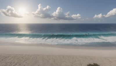 outdoors,sky,day,cloud,water,tree,blue sky,no humans,bird,ocean,beach,cloudy sky,scenery,sand,sun,horizon,waves,shore,sunlight,vehicle focus