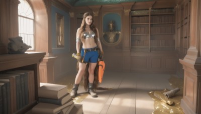 1girl,solo,long hair,breasts,looking at viewer,smile,brown hair,gloves,navel,holding,bare shoulders,brown eyes,very long hair,standing,full body,boots,shorts,midriff,belt,indoors,book,window,sunlight,cat,box,armband,forehead,blue shorts,sports bra,bookshelf,hammer,wrench,treasure chest,medium breasts,weapon,fingerless gloves,lips,bike shorts,scroll,library,map