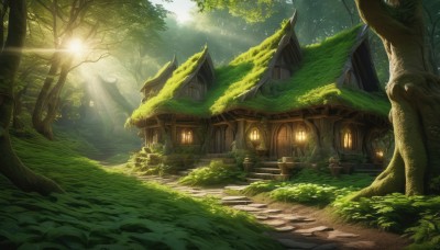 outdoors,day,tree,no humans,window,sunlight,grass,plant,building,nature,scenery,forest,light rays,stairs,fantasy,door,road,sunbeam,house,path,moss,bird,animal,lantern,light,bush,ruins,tree stump