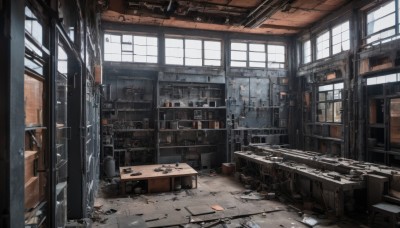 day,indoors,no humans,window,chair,table,sunlight,box,scenery,science fiction,glass,cable,ruins,broken,shelf,cardboard box,broken glass,broken window,gun,desk,monitor,cabinet,messy room