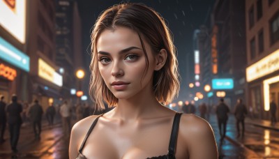 1girl,breasts,looking at viewer,smile,short hair,brown hair,cleavage,bare shoulders,brown eyes,medium breasts,underwear,collarbone,upper body,outdoors,parted lips,multiple boys,solo focus,medium hair,bra,blurry,lips,wet,night,depth of field,blurry background,black bra,building,forehead,freckles,rain,city,realistic,nose,crowd,people,solo,portrait,road,street,bokeh,neon lights