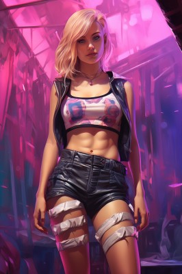 1girl,solo,breasts,looking at viewer,short hair,blue eyes,blonde hair,navel,jewelry,medium breasts,standing,cowboy shot,open clothes,shorts,midriff,dark skin,medium hair,necklace,vest,dark-skinned female,lips,crop top,torn clothes,short shorts,blood,makeup,thigh strap,black shorts,piercing,abs,tank top,denim,pendant,toned,realistic,nose,navel piercing,open vest,denim shorts