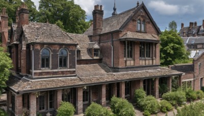 outdoors,sky,day,cloud,tree,blue sky,no humans,window,cloudy sky,building,scenery,door,bush,architecture,house,plant,balcony,chimney