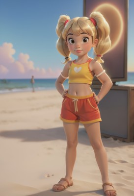 1girl,solo,long hair,looking at viewer,blush,smile,bangs,blonde hair,shirt,navel,bare shoulders,twintails,brown eyes,closed mouth,standing,full body,heart,small breasts,outdoors,sky,shorts,day,midriff,artist name,cloud,dark skin,water,blurry,flat chest,dark-skinned female,blue sky,lips,crop top,toes,blurry background,shadow,ocean,beach,sandals,tank top,tan,child,hands on hips,hair tie,sand,sun,horizon,female child,red shorts,yellow tank top,breasts,yellow shirt