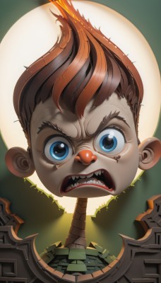 solo,looking at viewer,open mouth,blue eyes,brown hair,1boy,male focus,multicolored hair,teeth,moon,fire,sharp teeth,angry,full moon,mohawk,red hair,orange hair,frown,child,male child