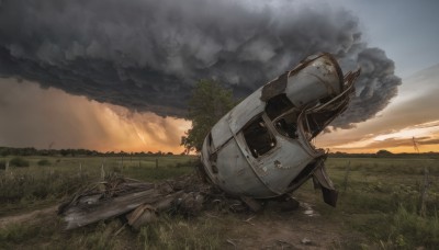 outdoors,sky,cloud,tree,military,dutch angle,no humans,cloudy sky,grass,scenery,smoke,sunset,realistic,aircraft,military vehicle,airplane,road,vehicle focus,damaged,science fiction,broken