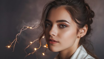 1girl,solo,long hair,looking at viewer,brown hair,black hair,brown eyes,jewelry,earrings,parted lips,lips,portrait,realistic,nose,red lips,stud earrings,eyelashes,close-up,brown background