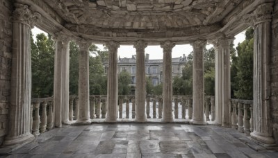 outdoors,sky,day,tree,no humans,window,sunlight,building,scenery,stairs,architecture,ruins,pillar,statue,arch,column,pavement,stone floor,plant,overgrown