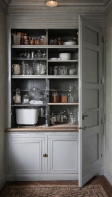 indoors,cup,no humans,bottle,scenery,wooden floor,door,shelf,kitchen,jar,sink,refrigerator,faucet,cabinet,stove,box,plate,still life,ceiling light