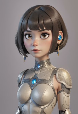 1girl,solo,breasts,looking at viewer,short hair,bangs,simple background,brown hair,brown eyes,jewelry,closed mouth,upper body,earrings,small breasts,shiny,grey background,armor,lips,eyelashes,makeup,bob cut,thick eyebrows,shoulder armor,gem,freckles,science fiction,nose,cyborg,gorget,blunt bangs,expressionless,breastplate,earphones