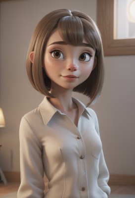 1girl,solo,breasts,looking at viewer,blush,smile,short hair,bangs,brown hair,shirt,long sleeves,brown eyes,closed mouth,collarbone,white shirt,upper body,small breasts,collared shirt,artist name,indoors,blurry,lips,dress shirt,bed,buttons,blurry background,on bed,bob cut,thick eyebrows,freckles,pocket,pajamas,nose,lamp,bedroom,realistic