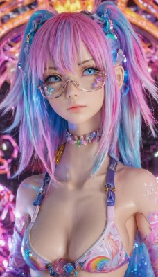 1girl,solo,long hair,breasts,looking at viewer,bangs,blue eyes,hair ornament,gloves,cleavage,bare shoulders,twintails,jewelry,medium breasts,closed mouth,underwear,blue hair,collarbone,swimsuit,upper body,pink hair,sidelocks,bikini,multicolored hair,small breasts,detached sleeves,glasses,choker,elbow gloves,shiny,artist name,signature,star (symbol),bra,blurry,two-tone hair,two side up,lips,eyelashes,gradient hair,makeup,gem,eyeshadow,pink lips,realistic,nose,round eyewear,mascara,streaked hair,blurry background,expressionless,piercing