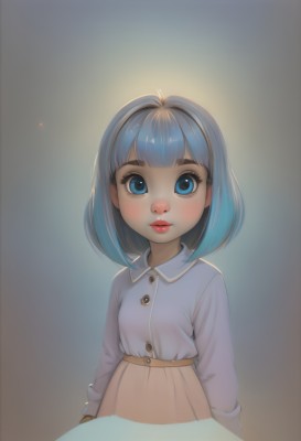 1girl,solo,looking at viewer,smile,short hair,bangs,blue eyes,skirt,shirt,long sleeves,closed mouth,blue hair,white shirt,upper body,multicolored hair,parted lips,collared shirt,blunt bangs,medium hair,lips,eyelashes,makeup,buttons,child,brown skirt,nose,female child,blush,simple background,blue shirt,lipstick,arms at sides,red lips