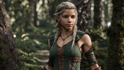 1girl,solo,long hair,breasts,smile,blue eyes,bare shoulders,jewelry,upper body,braid,white hair,pointy ears,necklace,blurry,twin braids,tree,lips,depth of field,blurry background,headband,elf,nature,freckles,realistic,looking at viewer,grey hair,outdoors,scar,forest