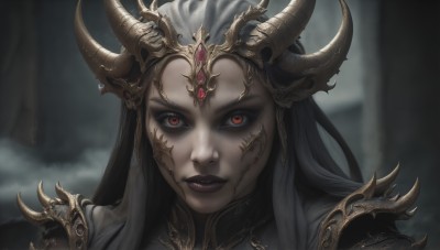 HQ,1girl,solo,long hair,looking at viewer,red eyes,closed mouth,white hair,grey hair,horns,armor,blurry,lips,makeup,blurry background,lipstick,shoulder armor,gem,portrait,fake horns,purple lips,black lips,black hair,parted lips,teeth,artist name,signature,eyelashes,crown,pale skin,close-up,realistic,red lips