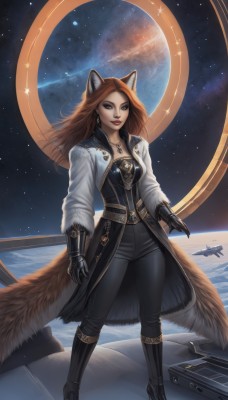 1girl,solo,long hair,breasts,looking at viewer,smile,brown hair,gloves,animal ears,cleavage,brown eyes,jewelry,standing,tail,full body,earrings,boots,black gloves,belt,pants,necklace,black footwear,high heels,lips,coat,fox ears,makeup,fox tail,black pants,moon,wolf ears,gauntlets,star (sky),aircraft,space,planet,earth (planet),spacecraft,medium breasts,mole,lipstick,starry sky,realistic,red lips,long coat