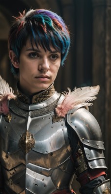 1girl,solo,short hair,bangs,black hair,1boy,brown eyes,closed mouth,blue hair,upper body,male focus,multicolored hair,armor,blurry,black eyes,lips,looking to the side,blurry background,looking away,feathers,shoulder armor,gauntlets,androgynous,freckles,pauldrons,breastplate,realistic,nose,fantasy,very short hair,full armor,chainmail,plate armor,blue eyes