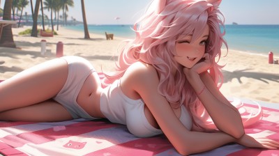 1girl,solo,long hair,breasts,looking at viewer,blush,smile,open mouth,bangs,large breasts,shirt,navel,animal ears,cleavage,bare shoulders,swimsuit,white shirt,pink hair,thighs,outdoors,lying,parted lips,one eye closed,sky,shorts,teeth,sleeveless,solo focus,day,midriff,water,stomach,rabbit ears,bracelet,tree,crop top,grey eyes,bare arms,fox ears,short shorts,sleeveless shirt,ocean,arm support,on side,beach,;d,towel,head rest,white shorts,sand,palm tree,beach towel,hair between eyes,jewelry,fang,blue sky,tank top,on stomach