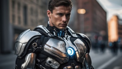 solo,looking at viewer,short hair,brown hair,1boy,brown eyes,closed mouth,upper body,male focus,outdoors,solo focus,armor,blurry,blurry background,facial hair,building,science fiction,realistic,stubble,cyborg,power armor,black hair,bodysuit,beard,power suit