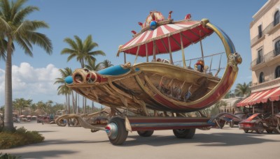 outdoors,sky,day,cloud,tree,blue sky,no humans,shadow,umbrella,beach,ground vehicle,building,scenery,motor vehicle,aircraft,sand,palm tree,shade,vehicle focus,beach umbrella,wheel,1boy,multiple boys,artist name,signature,bird,chair,goggles,car,parasol,house