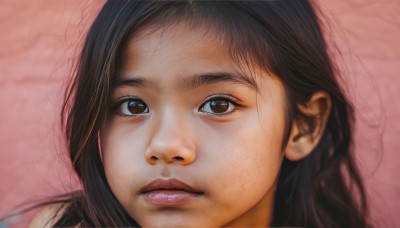 1girl,solo,long hair,looking at viewer,brown hair,black hair,brown eyes,parted lips,teeth,lips,pink background,portrait,close-up,realistic,nose,eyelashes