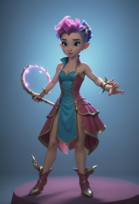 1girl,solo,breasts,looking at viewer,smile,short hair,dress,holding,cleavage,bare shoulders,jewelry,medium breasts,closed mouth,standing,collarbone,full body,pink hair,purple hair,multicolored hair,small breasts,boots,horns,pointy ears,dark skin,bracelet,dark-skinned female,blue background,pelvic curtain,brown eyes,earrings,alternate costume,artist name,strapless,strapless dress,spikes,pink footwear,very short hair,undercut,mohawk