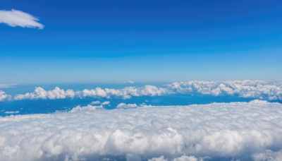 monochrome,outdoors,sky,day,cloud,blue sky,no humans,ocean,cloudy sky,scenery,blue theme,horizon,landscape,above clouds,water