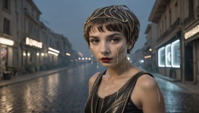 1girl,solo,looking at viewer,short hair,brown hair,black hair,bare shoulders,brown eyes,jewelry,closed mouth,collarbone,upper body,hairband,earrings,outdoors,sleeveless,dark skin,mole,blurry,dark-skinned female,lips,wet,makeup,blurry background,tank top,lipstick,building,motor vehicle,freckles,city,realistic,nose,red lips,road,bangs,sky,day,water,black eyes,night,depth of field,wet hair,street