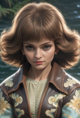 1girl,solo,looking at viewer,short hair,bangs,brown hair,shirt,brown eyes,jewelry,closed mouth,jacket,white shirt,upper body,earrings,outdoors,artist name,signature,medium hair,water,blurry,lips,grey eyes,eyelashes,makeup,depth of field,blurry background,floral print,curly hair,realistic,nose,stud earrings,leather,blue eyes,open clothes,day,open jacket,wind,portrait