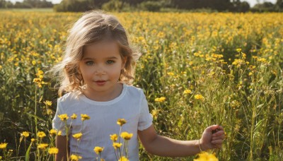 1girl,solo,long hair,looking at viewer,smile,blonde hair,brown hair,shirt,white shirt,upper body,flower,short sleeves,outdoors,day,artist name,signature,blurry,lips,depth of field,blurry background,child,realistic,yellow flower,female child,field,flower field,brown eyes,jewelry,parted lips,bracelet,blue shirt,wind