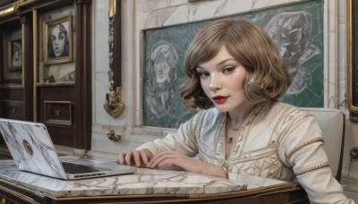 1girl,solo,looking at viewer,short hair,brown hair,shirt,long sleeves,brown eyes,jewelry,sitting,white shirt,upper body,earrings,parted lips,indoors,necklace,lips,makeup,chair,lipstick,instrument,freckles,realistic,red lips,picture frame,drawing,painting (object),map,picture (object),portrait (object)