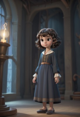 1girl,solo,short hair,bangs,brown hair,black hair,long sleeves,dress,brown eyes,closed mouth,standing,full body,hairband,shoes,belt,indoors,black footwear,blurry,black dress,lips,window,blurry background,blue dress,child,curly hair,female child,candle,church,candlestand,smile,wavy hair,blue footwear,arms at sides,candlelight