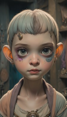 1girl,solo,looking at viewer,short hair,shirt,jewelry,green eyes,collarbone,upper body,grey hair,male focus,earrings,parted lips,necklace,blurry,lips,grey eyes,eyelashes,depth of field,blurry background,facial mark,child,portrait,androgynous,freckles,nose,very short hair,blue eyes,pointy ears,artist name,realistic