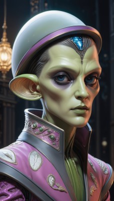 solo,looking at viewer,blue eyes,black hair,1boy,hat,jewelry,jacket,upper body,male focus,earrings,pointy ears,blurry,lips,makeup,blurry background,colored skin,white headwear,gem,portrait,high collar,realistic,nose,pink jacket,green skin,alien,goblin,1girl,eyelashes,forehead jewel