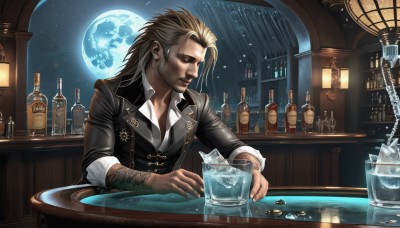 solo,long hair,blonde hair,brown hair,shirt,1boy,sitting,jacket,closed eyes,white shirt,male focus,indoors,cup,window,tattoo,night,facial hair,watermark,scar,moon,table,bottle,star (sky),web address,beard,full moon,alcohol,drinking glass,ice,realistic,stubble,glass,shelf,wine bottle,bar (place),whiskey,sky,water,manly,leather