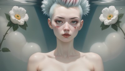 1girl,solo,breasts,looking at viewer,short hair,jewelry,green eyes,collarbone,upper body,flower,white hair,grey hair,nude,multicolored hair,earrings,parted lips,artist name,lips,grey eyes,makeup,piercing,white flower,ear piercing,portrait,realistic,red lips,stud earrings,bare shoulders,red hair,eyelashes,blood,bubble,blood on face,underwater,air bubble