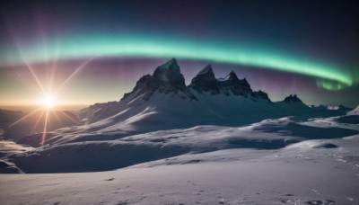 outdoors,sky,water,no humans,night,star (sky),night sky,scenery,lens flare,starry sky,rock,mountain,sand,sun,landscape,sunrise,aurora,cloud,snow,rainbow,mountainous horizon