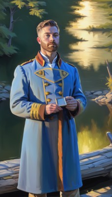 solo,short hair,brown hair,long sleeves,1boy,holding,brown eyes,closed mouth,standing,male focus,outdoors,pants,water,uniform,black eyes,tree,cup,coat,military,military uniform,buttons,facial hair,holding cup,beard,mustache,double-breasted,manly,blue coat,looking at viewer,black hair,animification