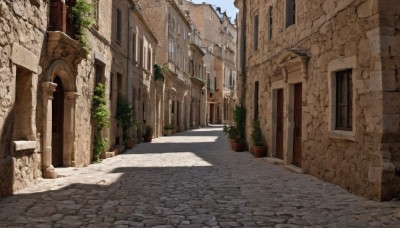 outdoors,sky,day,tree,blue sky,no humans,window,shadow,sunlight,plant,building,scenery,stairs,city,door,potted plant,road,wall,ruins,pillar,street,arch,pavement,stone floor,bush,shade,architecture,path