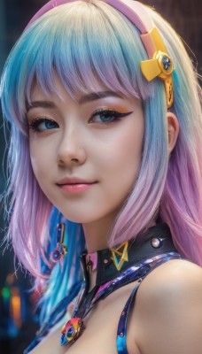 1girl,solo,long hair,breasts,looking at viewer,smile,bangs,blue eyes,hair ornament,bare shoulders,jewelry,closed mouth,blue hair,upper body,pink hair,multicolored hair,hairband,choker,artist name,necklace,blurry,two-tone hair,lips,eyelashes,gradient hair,makeup,detached collar,blurry background,gem,portrait,eyeshadow,pink lips,realistic,nose,eyeliner,mascara,cleavage,earrings,star (symbol),collar,from side,headphones