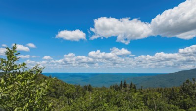 outdoors,sky,day,cloud,water,tree,blue sky,no humans,ocean,cloudy sky,grass,plant,nature,scenery,forest,mountain,horizon,summer,landscape,mountainous horizon,hill