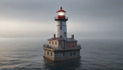 outdoors,sky,cloud,water,no humans,window,ocean,cloudy sky,building,scenery,horizon,waves,tower,fog,grey sky,monochrome,light,watercraft,lighthouse