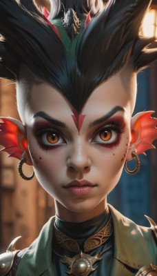 1girl,solo,looking at viewer,short hair,black hair,brown eyes,jewelry,closed mouth,multicolored hair,earrings,artist name,necklace,armor,blurry,dark-skinned female,lips,orange eyes,eyelashes,makeup,depth of field,blurry background,facial mark,spiked hair,portrait,close-up,eyeshadow,hoop earrings,forehead mark,nose,red lips,facepaint,straight-on,hair ornament,jacket,piercing,backlighting,freckles,eyeliner,head fins,mohawk