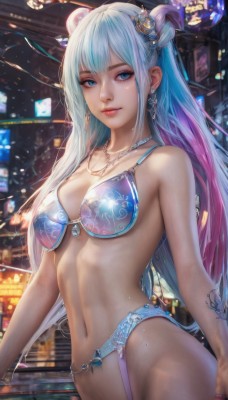 1girl,solo,long hair,breasts,looking at viewer,smile,bangs,blue eyes,hair ornament,navel,cleavage,bare shoulders,jewelry,medium breasts,closed mouth,underwear,blue hair,panties,swimsuit,pink hair,bikini,multicolored hair,cowboy shot,earrings,horns,necklace,stomach,bra,two-tone hair,lips,tattoo,gradient hair,underwear only,lingerie,garter belt,realistic,nose,blue bra,bikini armor,standing,white hair,artist name,hair bun,mole,double bun,blue bikini