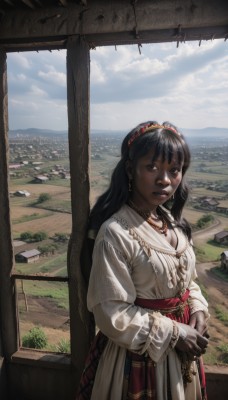 1girl,solo,long hair,breasts,looking at viewer,bangs,black hair,long sleeves,dress,cleavage,brown eyes,jewelry,standing,hairband,earrings,outdoors,parted lips,sky,day,cloud,dark skin,necklace,white dress,black eyes,bracelet,dark-skinned female,blue sky,lips,sash,ocean,cloudy sky,own hands together,grass,building,scenery,mountain,realistic,fantasy,horizon,very dark skin,landscape