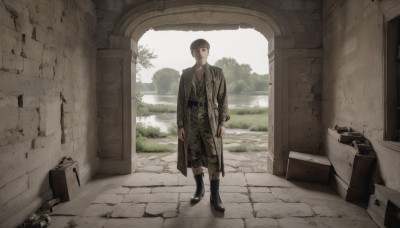 solo,looking at viewer,short hair,brown hair,shirt,black hair,long sleeves,1boy,brown eyes,closed mouth,standing,jacket,full body,weapon,male focus,boots,outdoors,open clothes,day,belt,pants,black footwear,tree,coat,gun,window,grass,brown jacket,door,ruins,brown coat,suitcase,bangs,holding,indoors,looking to the side,staff,box,scenery,open coat,cane,overgrown